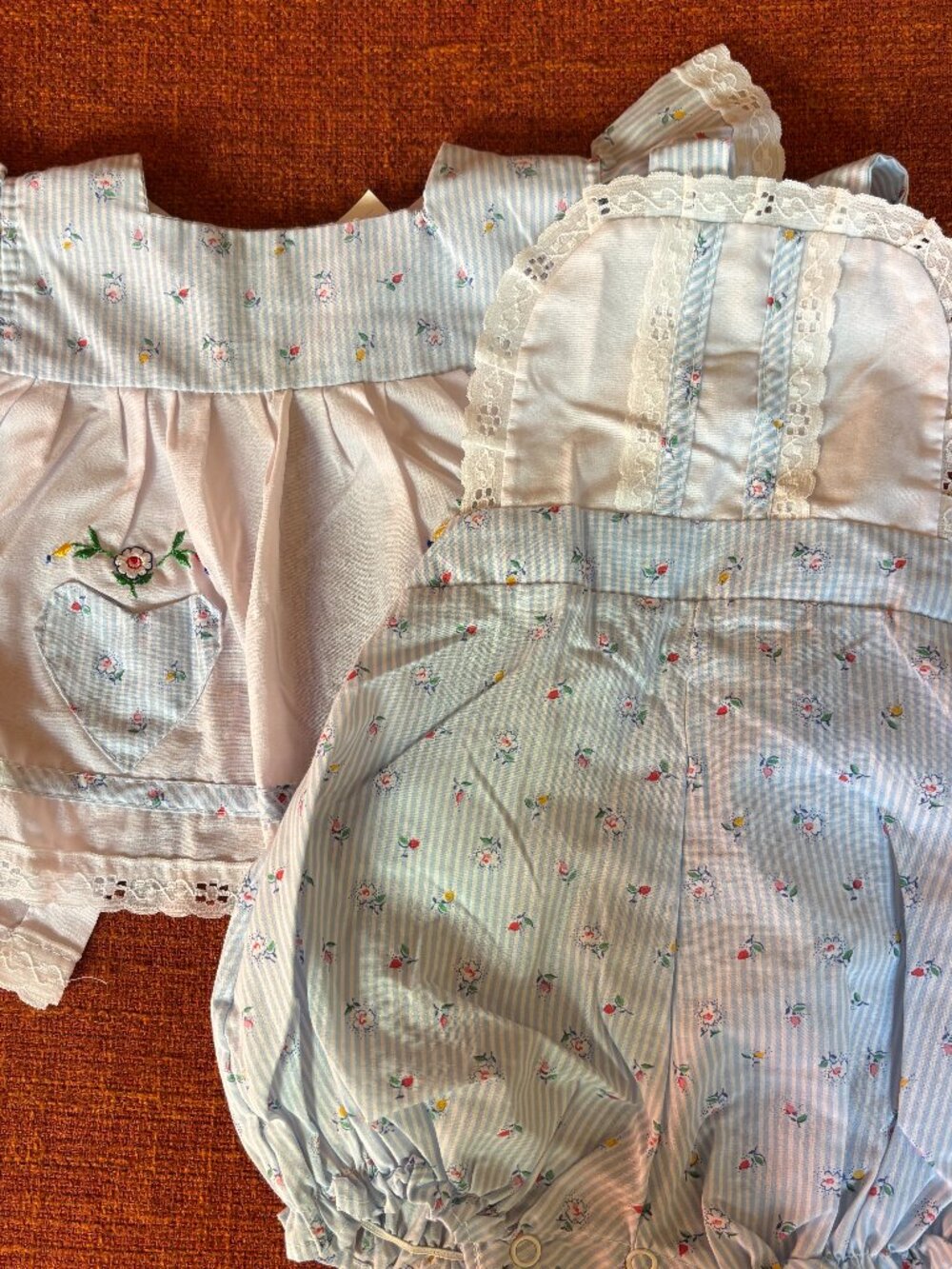 Vintage Baby Girl Floral Striped Romper and Bib Set - Like New 3-6M